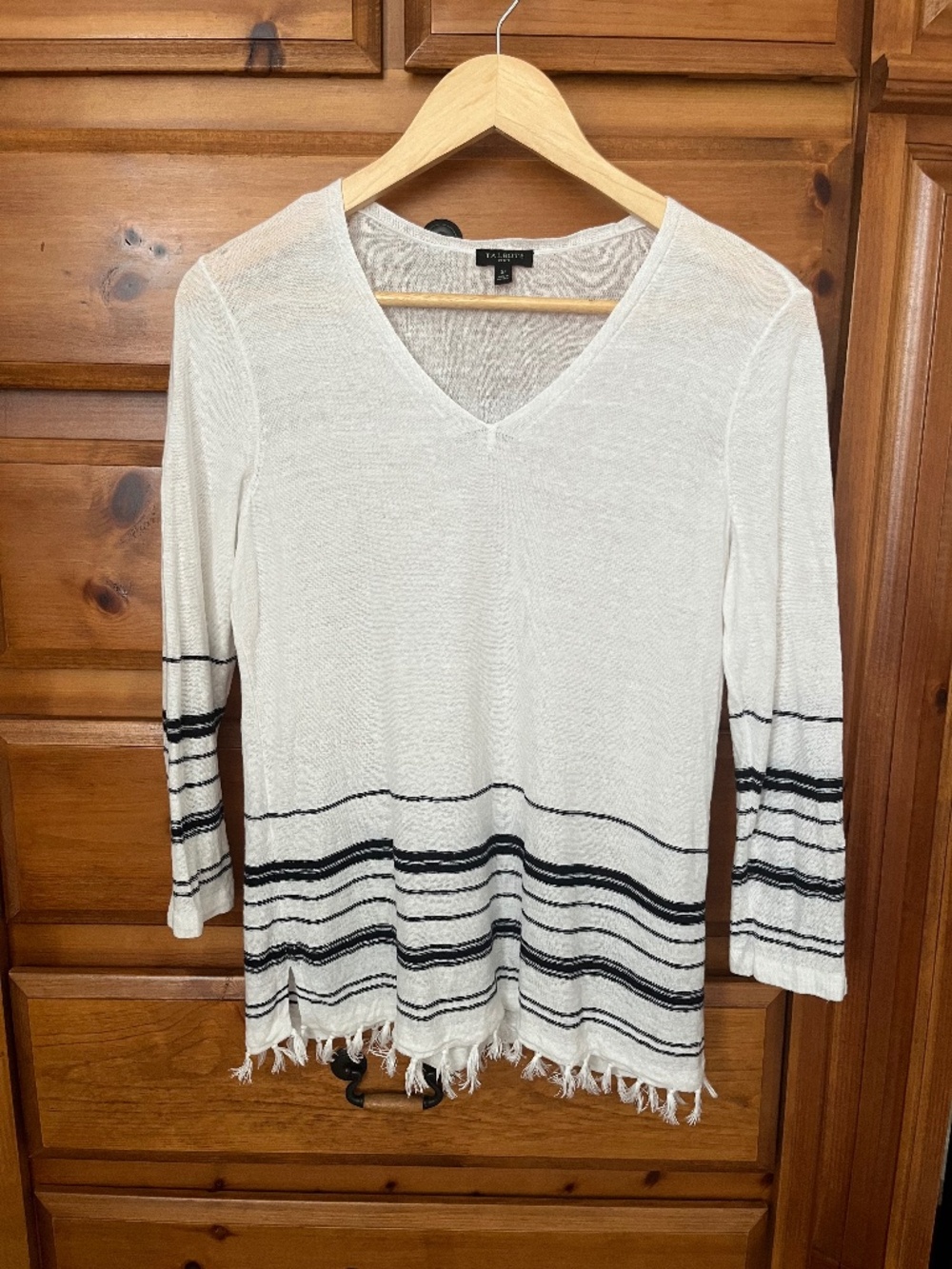 Talbots Petite 100% Linen Women's Top Size Sp White Summer Blouse Tasseled